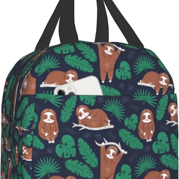 Funny Sloth Lunch Bag Tropical Leaf Insulated Leakproof Durable Handbag Portable - Picture 1 of 8